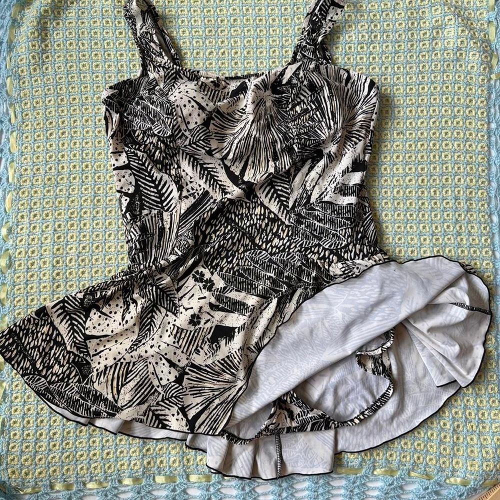 Rose Marie Reid Vintage 90s Swim Dress Black White Tropical Palm Plus 18W